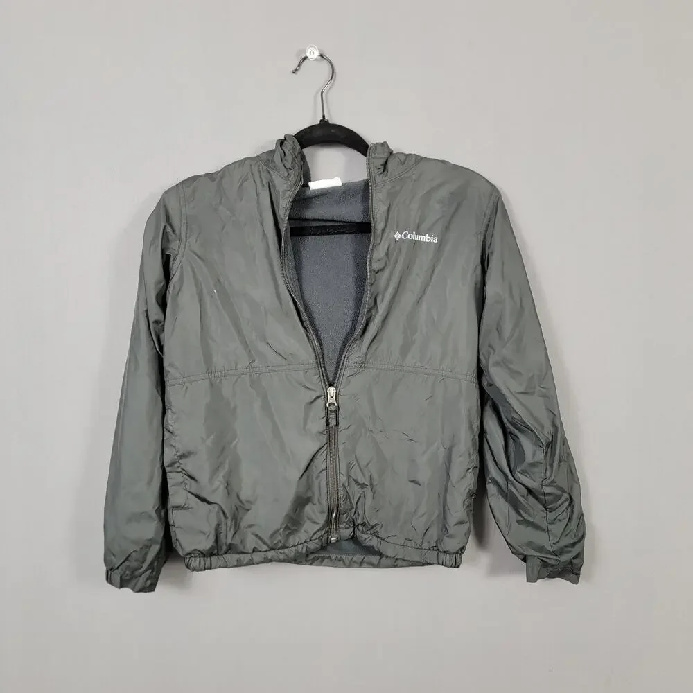 Columbia Hooded Windbreaker Jacket Gray Fleece Lined Lightweight Utility